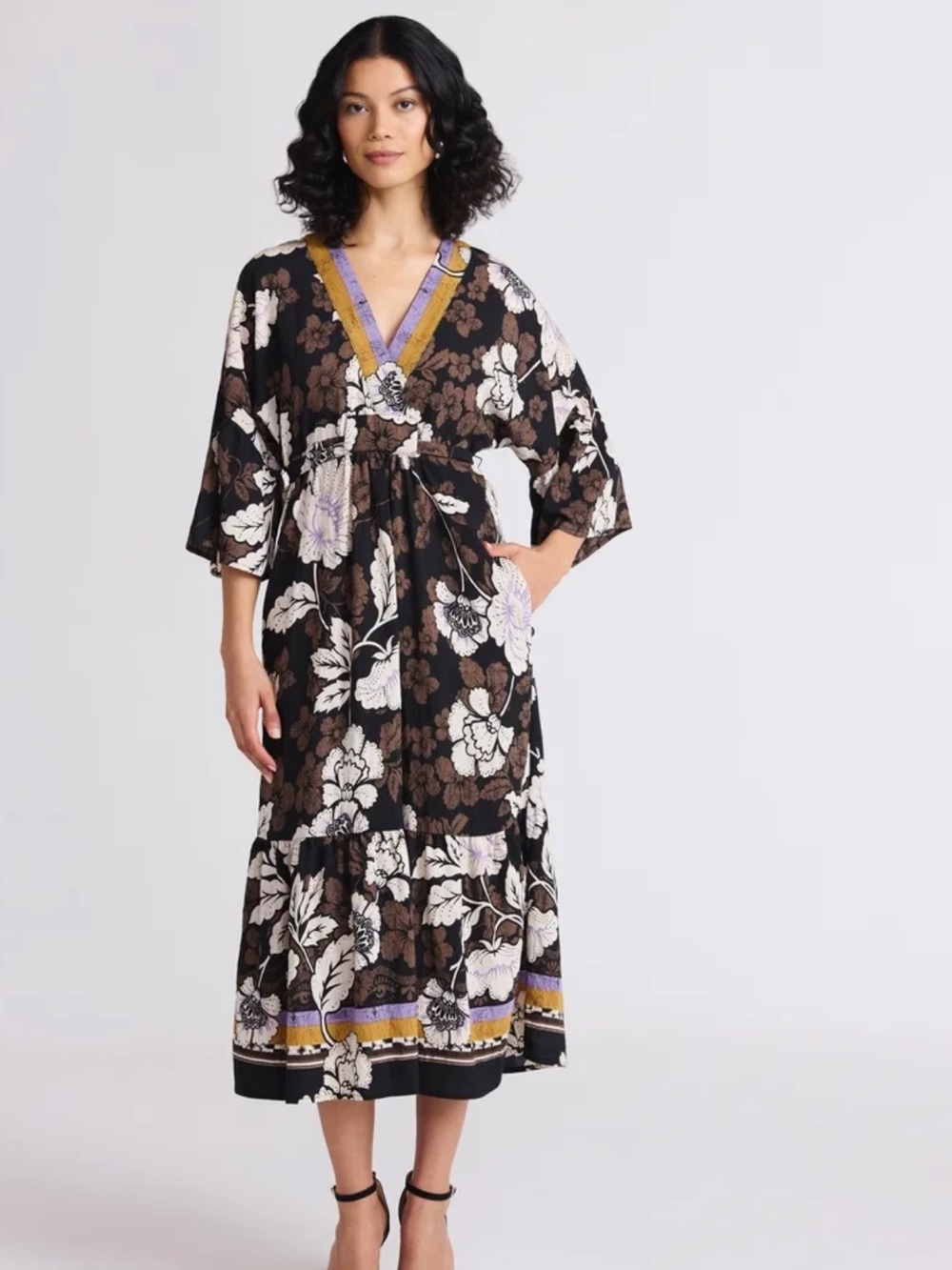 sofia by sofia vergara Black Floral Midi Dress with Purple and Gold Trim